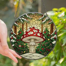 Christmas Art Lovers' Whimsical Stained Glass Red Toadstool Evergreen Winter Forest Stained Glass Suncatcher