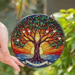 Nature Lovers' Tiffany Style Stained Glass Tree of Life, Jewel Tone Multicolored Leaves & Radiant Sunset Mosaic Stained Glass Suncatcher