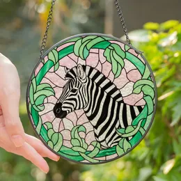 Wildlife Art Enthusiasts' Tiffany Style Stained Glass Zebra Head Profile Pink Mosaic Emerald Green Foliage Stained Glass Suncatcher
