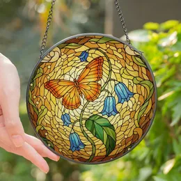 Nature Lovers' Vibrant Stained Glass Butterfly Blue Bell Flowers Emerald Turquoise Mosaic Stained Glass Suncatcher
