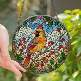 Nature Lovers' Tiffany Style Stained Glass Cardinal, Ruby Red Berries & Golden Orange Foliage Mosaic Stained Glass Suncatcher