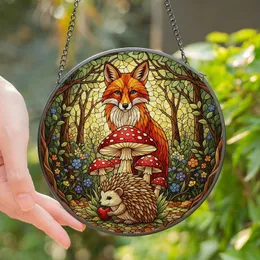 Nature Lovers' Tiffany Style Stained Glass Woodland Fox Totem Crimson Green Amber Forest Art Stained Glass Suncatcher