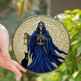 Fantasy Art Lovers' Mystical Stained Glass Guardian, Deep Blue Robe, Golden Lantern, Black Cat Moon Stained Glass Suncatcher