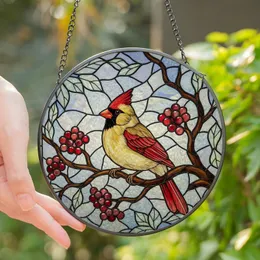 Nature Lovers' Intricate Stained Glass Cardinal Bird Jewel Tone Winter Berry Mosaic Stained Glass Suncatcher