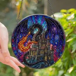 Fantasy Art Lovers' Vibrant Stained Glass Black Dragon Castle Cosmic Jewel Tone Art Stained Glass Suncatcher