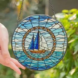 Ocean Lovers' Tiffany Style Stained Glass Sailboat Amber Blue Iridescent Ocean Mosaic Stained Glass Suncatcher