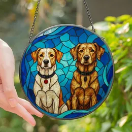 Dog Lovers' Radiant Tiffany Stained Glass Mosaic Two Expressive Dogs Vibrant Blue Orange Golden Brown Jewel Tones Stained Glass Suncatcher