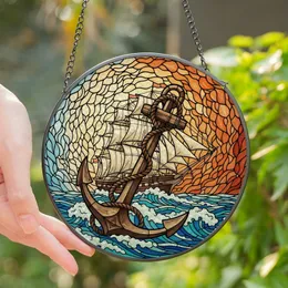Nautical Enthusiasts' Ornate Stained Glass Anchor & Clipper Ship Ocean Art with Jewel Tones Stained Glass Suncatcher