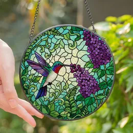 Nature Art Lovers' Tiffany Style Stained Glass Hummingbird & Lilac Flowers Emerald Green Ruby Red Sapphire Blue Intricate Mosaic Stained Glass Suncatcher