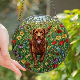 Labrador Owners' Vibrant Tiffany Style Stained Glass Chocolate Lab Running Wildflower Floral Mosaic Pattern Stained Glass Suncatcher
