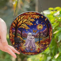 Whimsical Art Lovers Intricate Stained Glass Autumn Night Adorable Lavender Ghosts Violet Golden Orange Mosaic Stained Glass Suncatcher