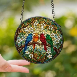 Nature Lovers' Edge-to-Edge Stained Glass Birds Forest Mosaic Art, Tiffany Style Jewel Tones Vibrant Green Blue Yellow Red Stained Glass Suncatcher
