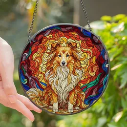 Shetland Sheepdog Lovers' Vibrant Stained Glass Sheltie Portrait, Tiffany Style Jewel Tones, Abstract Mosaic Background Orange Red Blue Stained Glass Suncatcher