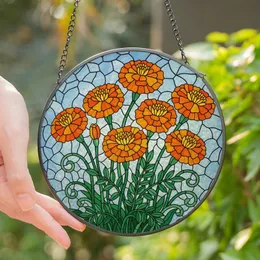 Floral Art Lovers' Intricate Tiffany Stained Glass Marigold Foliage Jewel Tone Mosaic Stained Glass Suncatcher