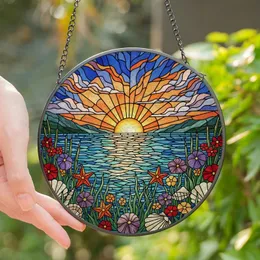 Nature Lovers' Tiffany Stained Glass Ocean Sunset, Vibrant Seashells, Blooming Flowers, Jewel Tones Stained Glass Suncatcher