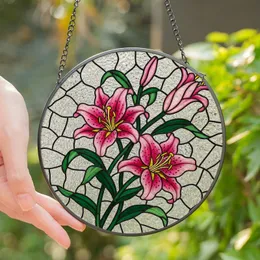 Botanical Art Lovers' Vibrant Stained Glass Fuchsia Pink Stargazer Lily Emerald Green Ripple Mosaic Stained Glass Suncatcher