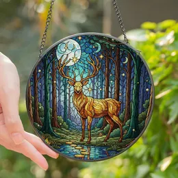 Nature Lovers' Majestic Deer Stag Full Moon Stained Glass Enchanted Forest Mosaic Stained Glass Suncatcher