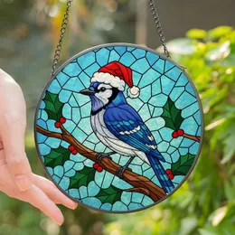 Nature Lovers' Intricate Tiffany Stained Glass Blue Jay Santa Hat Holly Winter Sky Mosaic Stained Glass Suncatcher