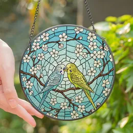 Bird Lovers' Tiffany Stained Glass Blue Yellow Green Budgie Pair Cherry Blossom Floral Geometric Mosaic Stained Glass Suncatcher