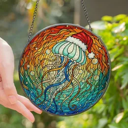 Holiday Ocean Art Admirers' Vibrant Tiffany Stained Glass Jellyfish Santa Hat Red White Teal Blue Amber Mosaic Stained Glass Suncatcher