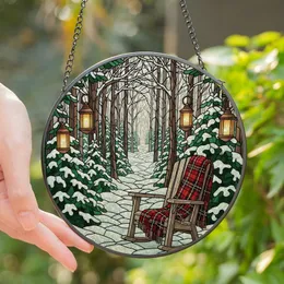 Winter Lovers' Tiffany Style Stained Glass Adirondack Chair Crimson Plaid Snowy Forest Mosaic Stained Glass Suncatcher