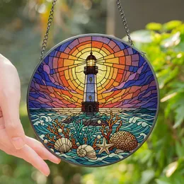 Coastal Art Enthusiasts' Tiffany Style Stained Glass Lighthouse Seascape, Glowing Coral, Jewel Tones, Moon Stained Glass Suncatcher