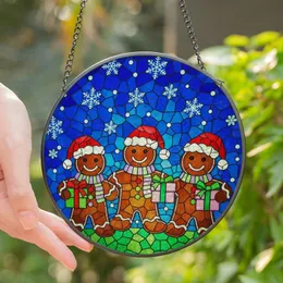 Holiday Enthusiasts' Glowing Tiffany Stained Glass Gingerbread Men Red Hats Green Gifts Snowflake Mosaic Stained Glass Suncatcher