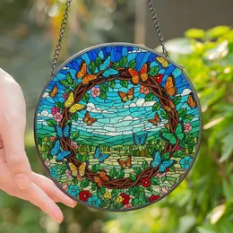 Nature Lovers' Radiant Tiffany Stained Glass Butterfly Wreath Mosaic Blue Sky Orange Yellow Green Pink Jewel Tones Stained Glass Suncatcher