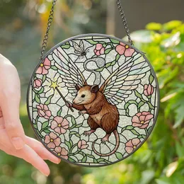 Fantasy Art Lovers' Whimsical Flying Opossum Iridescent Pastel Fairy Wing Stained Glass Jewel Tone Mosaic Stained Glass Suncatcher