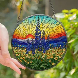 Nature Lovers' Tiffany Style Stained Glass Purple Blue Delphinium Sunset Meadow Intricate Mosaic Stained Glass Suncatcher