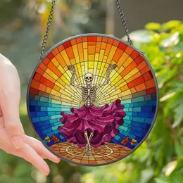 Vibrant Art Lovers' Tiffany Stained Glass Dancing Skeleton Celestial Mosaic in Fiery Orange & Deep Blue Stained Glass Suncatcher