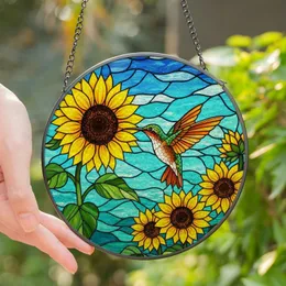 Nature Lovers' Vibrant Tiffany Stained Glass Hummingbird Sunflower Mosaic Blue Teal Orange Green Stained Glass Suncatcher