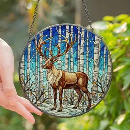 Nature Art Lovers' Intricate Stained Glass Reindeer Winter Forest Mosaic Deep Blue Teal Golden Antlers Stained Glass Suncatcher