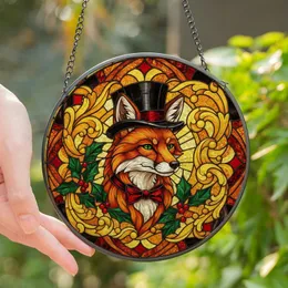 Wildlife Art Enthusiasts' Luminous Tiffany Stained Glass Fox Top Hat Holly Berries Geometric Mosaic Stained Glass Suncatcher