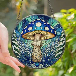 Forest Art Lovers' Jewel Tone Blue Mushroom Pine Tiffany Stained Glass Winter Aurora Mosaic Stained Glass Suncatcher