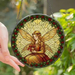 Enchanted Art Admirers Tiffany Style Golden Fairy Holding Gift, Holly Wreath & Glowing Stained Glass Stained Glass Suncatcher