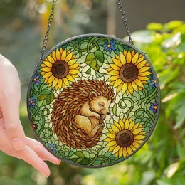 Nature Lovers' Whimsical Stained Glass Hedgehog Sunflower Botanical Mosaic Orange Yellow Green Jewel Tones Stained Glass Suncatcher