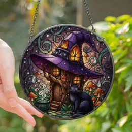 Fantasy Art Lovers' Tiffany Stained Glass Witch Hat House Black Cat Amber Violet Mosaic Stained Glass Suncatcher