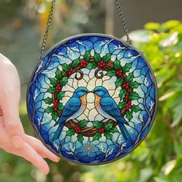 Holiday Art Lovers' Jewel-Tone Tiffany Stained Glass Bluebirds Holly Winter Wreath Stained Glass Suncatcher