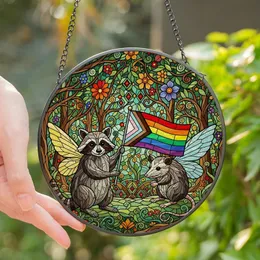 Fantasy Art Lovers' Tiffany Glass Fairy Raccoon Opossum Rainbow Stripe Banner Forest Mosaic Jewel Tones Stained Glass Suncatcher