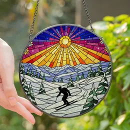 Mountain & Art Lovers' Tiffany Glass Skier Silhouette Snowy Peaks Jewel Tone Sunrise Mosaic Stained Glass Suncatcher