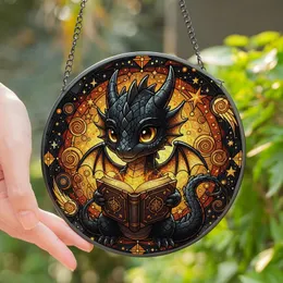 Fantasy Lovers' Intricate Stained Glass Chibi Dragon Reading Magic Book Vibrant Jewel Tones Stained Glass Suncatcher