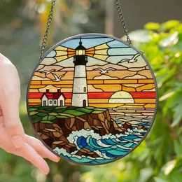 Lighthouse Lovers' Vibrant Tiffany Stained Glass Seascape Art Blue Yellow Orange Jewel Tones Stained Glass Suncatcher