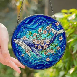 Nature Lover's Tiffany Stained Glass Whale Cherry Blossom Swirling Ocean Mosaic Jewel Tone Blues Stained Glass Suncatcher