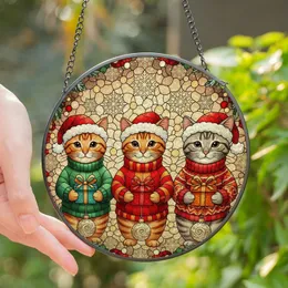 Cat Lovers' Festive Stained Glass Three Tabby Cats Santa Hat Sweater Gift Box Red Green Gold Mosaic Stained Glass Suncatcher