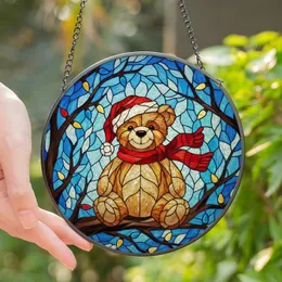 Holiday Enthusiasts' Cute Smiling Teddy Bear Stained Glass Mosaic with Multi-Colored Christmas Lights and Frosted Winter Sky Stained Glass Suncatcher