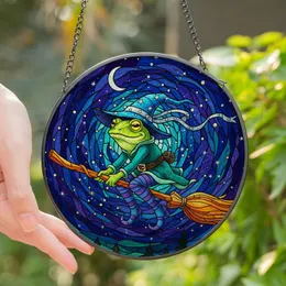 Witchy Style Enthusiasts' Whimsical Frog Witch Flying Broomstick Lime Green Purple Amber Stained Glass Stained Glass Suncatcher