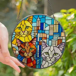 Cat Lovers' Intricate Stained Glass Jewel Tone Yellow Orange Lavender Cats Peeking Urban Mosaic Stained Glass Suncatcher