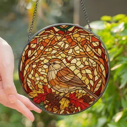 Nature Lovers' Intricate Tiffany-Style Stained Glass Songbird & Autumn Leaves Mosaic Amber Cream Terracotta Emerald Jewel Tones Stained Glass Suncatcher