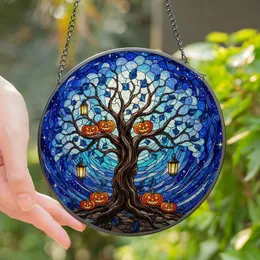 Halloween Mystics' Tiffany Style Gnarled Tree, Luminous Blue Canopy, Glowing Jack-O-Lanterns, Celestial Mosaic Stained Glass Suncatcher